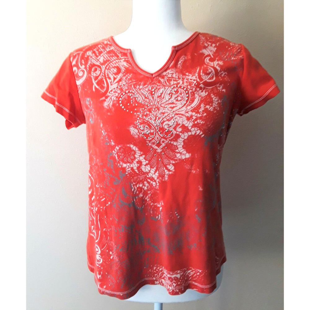 Christopher & Banks Small Orange Embellished V‑Neck Tee Shirt Top Women’s Casual